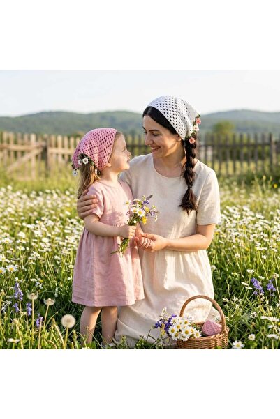 El Örgüsü Anne Kız Kombin Bandana Seti - Çiçekli Papatya Detaylı Örgü Saç Bandı 2'li Set (Krem & Pembe)
