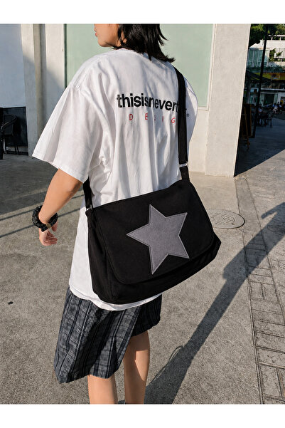 harmony factory Unisex Black Canvas Star Detailed Messenger Bag with Flap and...