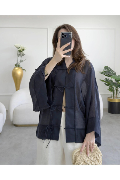 My Blog Navy Blue Lace-Up Transparent Shirt - 5098