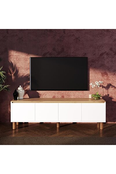 Bimossa D4110 Terra 180cm Sepet-Beyaz TV Ünitesi Yüksek Ayaklı 4 Kapaklı, Tel...