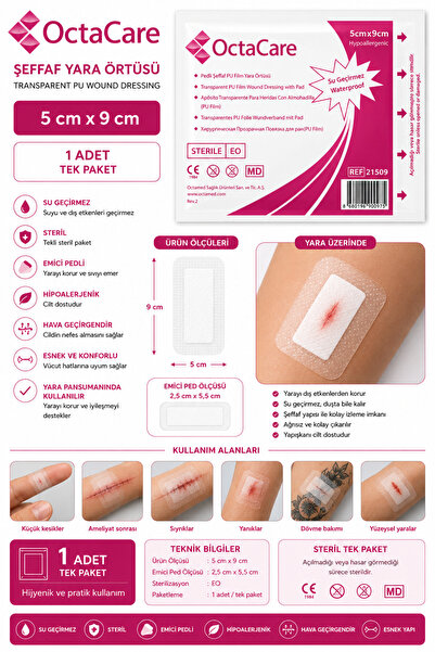 Octacare Su Geçirmez Şeffaf Pu Film Yara Örtüsü - Banyo Bandı (5cm-9cm) 1 Adet