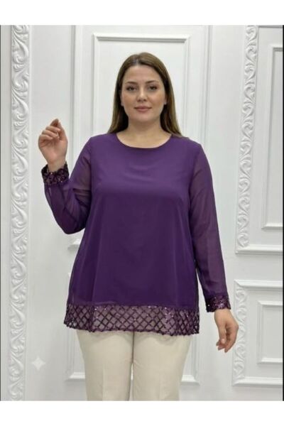 MEDOL GİYİM Kadın Büyük Beden Payet Detaylı Şifon Abiye bluz 25095