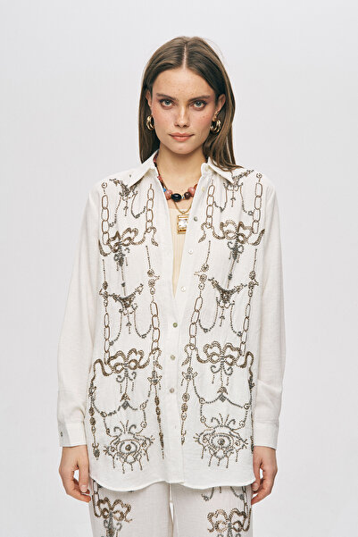Orfeo Negro Women's Stone and Bead Embroidered Oversize Natur Shirt