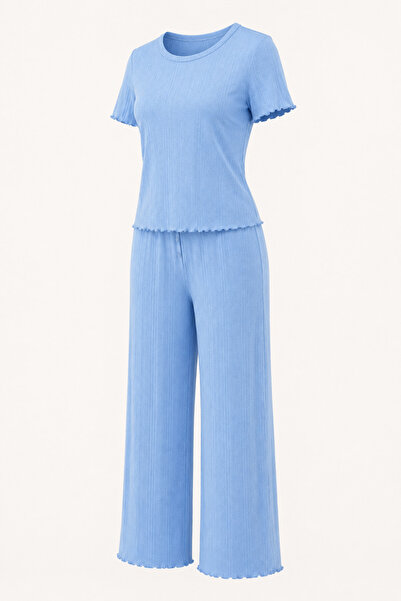 Mavi Pamuk Ajurlu Kaşkorse Kadın Pijama Takımı
