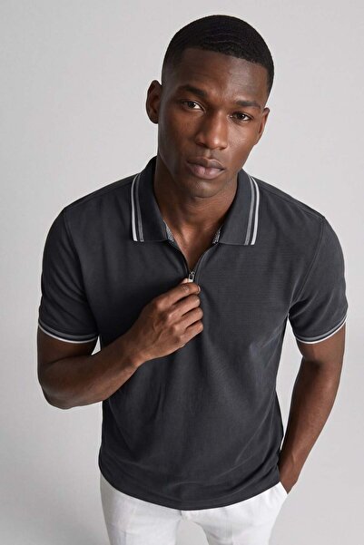 BARRELS AND OIL Men's Zipper Collar Contrast Detailed T-Shirt - Black