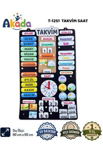 AKADA Takvim Saat Keçe Eğitim Panosu – Pimli Sökülüp Takılabilir Gün Ay Mevsi...