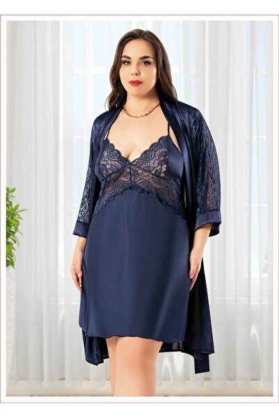 Dynamic Satin Lace 2-Piece Large Size Dressing Gown Nightgown Set6000