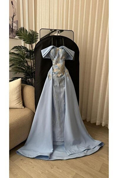 FASHION Sky Blue Off-The-Shoulder Dress, Slim Fit and Fully Embroidered, with...