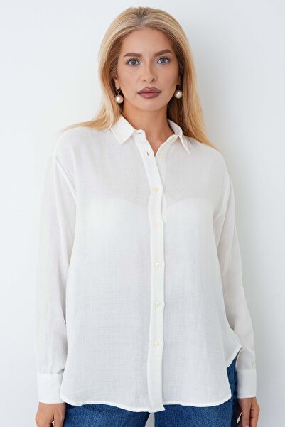 Corradeo Giyim Women's Cotton Fabric Epaulet Sleeve Detailed Oversize Muslin ...
