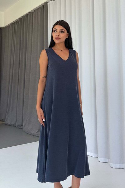 Mine Tan Butik Rochie de damă cu decolteu în V și detalii din țesătură piqué - Indigo