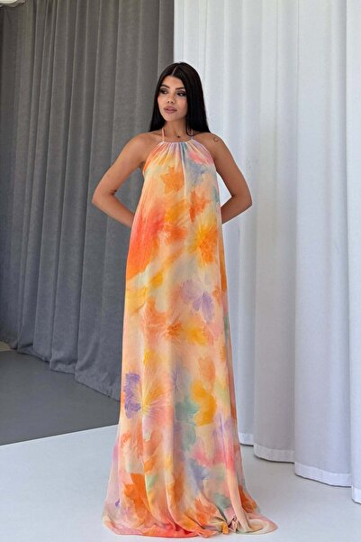 Mine Tan Butik Πολύχρωμο μακρύ γυναικείο φόρεμα με λεπτομέρεια δέσιμο στο λαι...