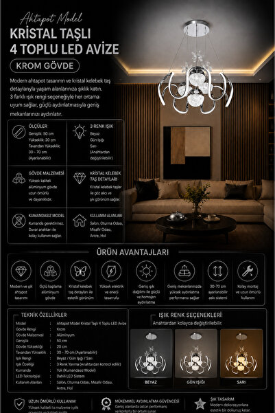 Genel Markalar Ahtapot Model Kristal Taşlı 4 Toplu LED Avize Krom – 3 Renk Ay...