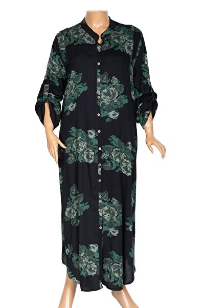 Hermevsim Eloje Women's Woven Viscose Green Roses Buttoned Akay Dress