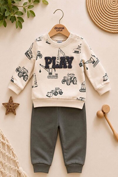 dinamik çocuk Baby Boy Play Embroidered Work Machine Patterned 2-Piece Tracks...