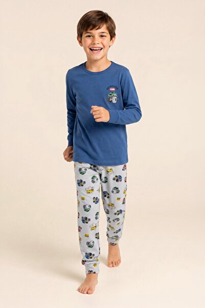 BAYKAR Boy's Cotton Crew Neck Car Printed Long Sleeve Pajama Set 9666 Blue