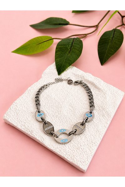 FLAWSOME JEWELRY STORE Steel Silver Color Evil Eye Bead Bracelet Does Not Tar...