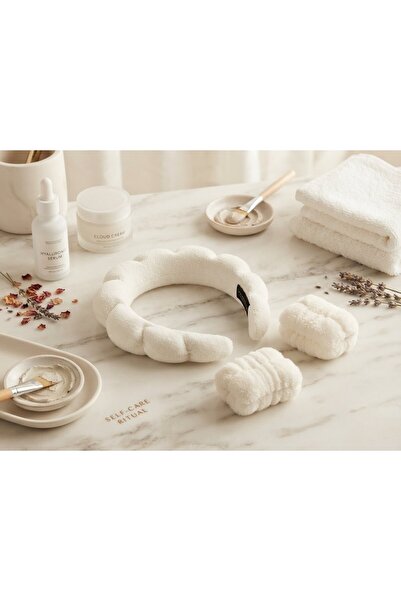 miyuki atelier Kadın Havlu Kumaş Bombeli Spa Makyaj Tacı Ve Yüz Yıkama Seti