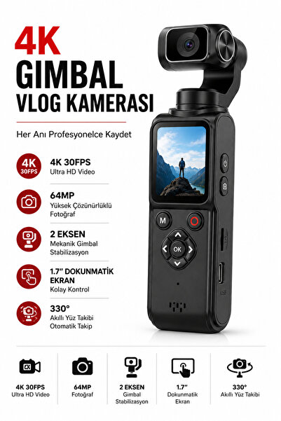 SMAYLİNG 4K Vlog Kamerası 64MP 2 Eksen Mekanik Gimbal 330° Akıllı Yüz Takibi ...
