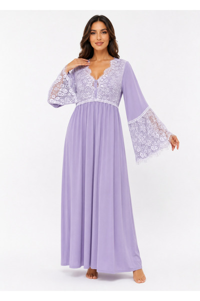 Noom Nightwear Long Nightgown with Lace on the Chest Long Sleeve Cotton