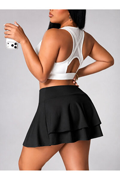 MAROVOAY High-Waisted Lycra Mini Flared Skirt with 2 Layers on the Back