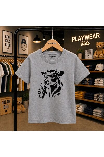 playwear تي شيرت للأطفال مطبوع عليه شكل بقرة تشرب الحليب 100% للأطفال من الجن...