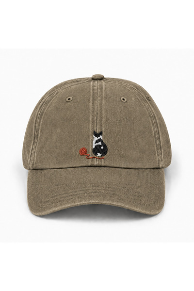 WeavedCo Cat and Wool Ball Embroidered Unisex Vintage Washed Distressed Cap Hat