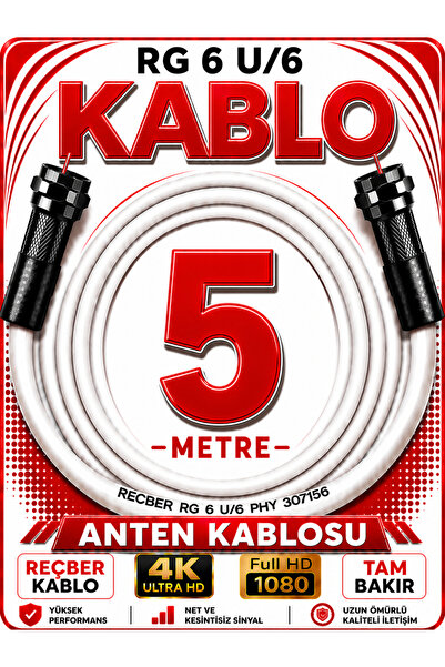 Avarson Reçber Anten Kablosu RG 6 U/6 307156 Tam Bakır Beyaz 5 METRE