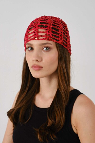 C&City Sequin Detailed Summer Knitted Beanie Y8248 Red
