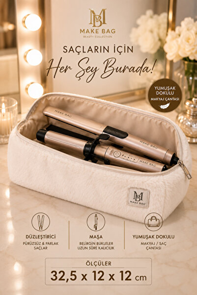 MAKE BAG EKRU PELUŞ SAÇ ŞEKİLLENDİRİCİ MAKYAJ ÇANTASI
