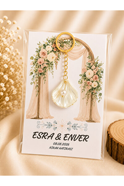 LMS GİFT 15 Adet İncili Istiridye Anahtarlık Nişan Söz Kına Nikah Mevlid Hatı...