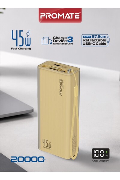 Promate Lucid-45W 20000mAh Power Bank with Retractable USB-C Cable (Gold) | C...