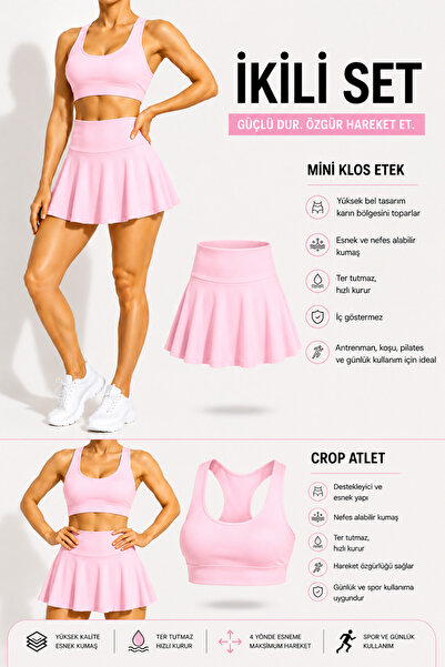 CARABO MODA Women's High Waist Flared Skirt-Crop Athlete 2-Piece Set