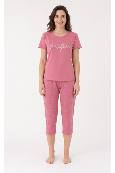 Pijamask Women's Dusty Rose Positive Printed Short Sleeve Capri Pajamas Set C...