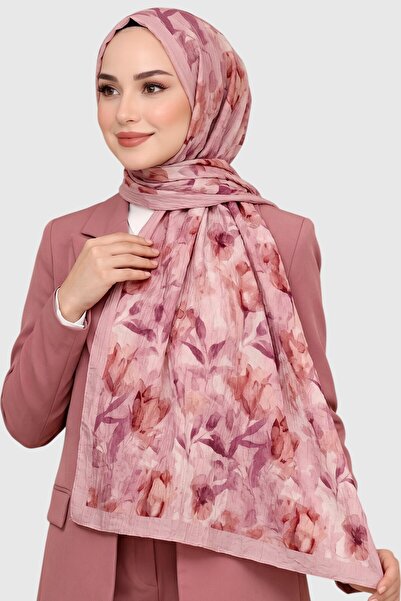 hadiora Pink Leaf Patterned Bamboo Crush Shawl - Wrinkled Textured Daily Shawl