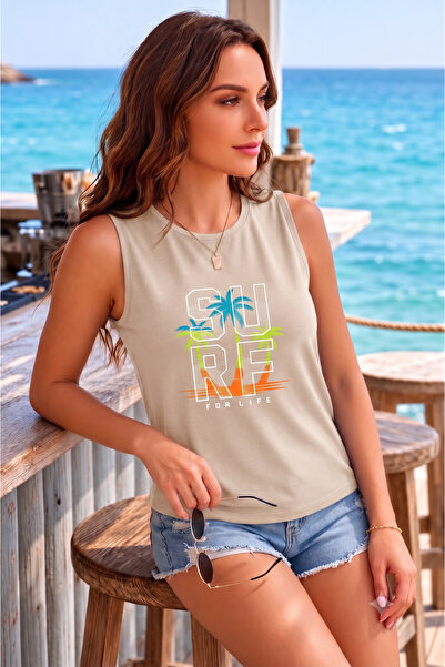 BW Bravely Wear تي شيرت نسائي بدون أكمام مطبوع عليه SURF FOR LIFE (بدون أكتاف)