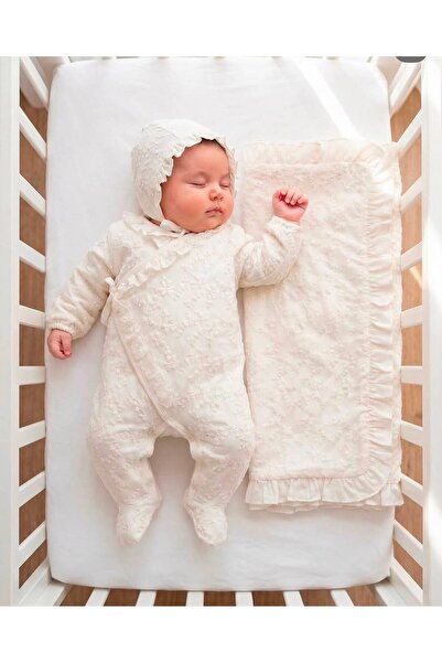 Eda Baby Lace-Covered Jumpsuit Blanket Hat Set 100% Cotton Hospital Release N...