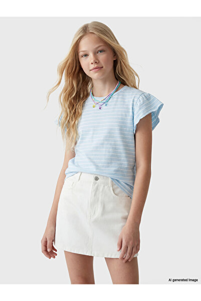 LC Waikiki Trendlucky Girls' T-Shirt with Oval Collar and Stripes