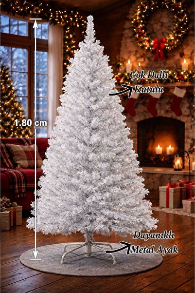 KOZMİK GİFT 180 Cm Beyaz Yılbaşı Ağacı Metal Ayaklı Kutulu Çam Ağacı Noel Ağa...