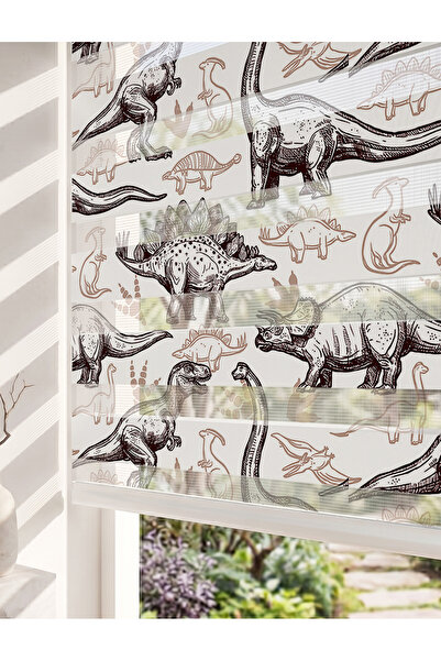 AD Home Vintage Eskiz Dinozorlar Dijital Baskılı Bebek Odası Zebra Perde