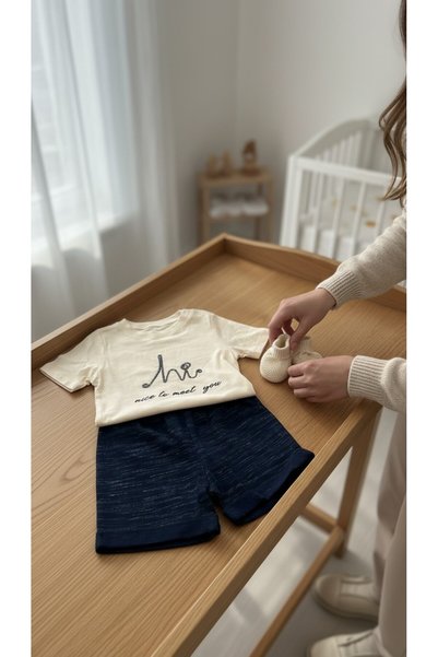 balbeybi Baby Boy Summer 2-Piece Set Printed Short Sleeve T-Shirt and Shorts Cotton Cream Navy Blue 9 Months 18 Months 24 Months