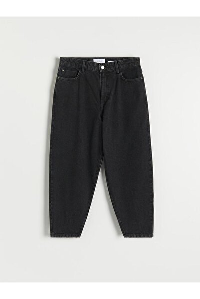 NO BRAND Pantaloni din denim de bumbac negru, stil barrel, picior 7/8, Reserv...