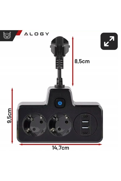 ALOGY Prelungitor cu 2 porturi USB, 2 porturi USB-C și 2 prize UE