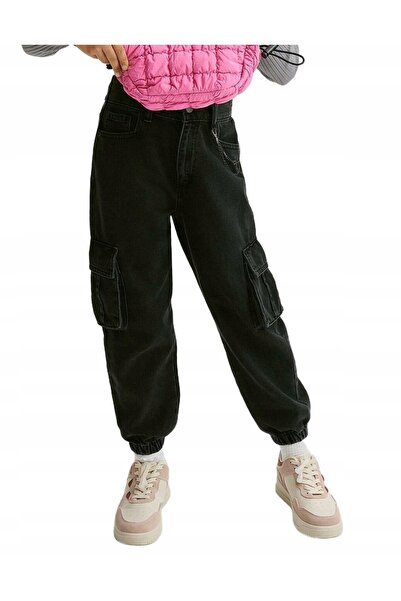 NO BRAND Pantaloni cargo lungi negri, tip jogger, cu buzunare, talie înaltă, ...