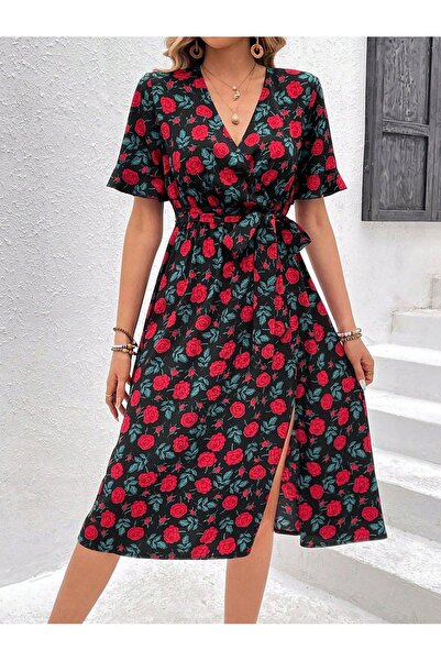 NO BRAND Rochie neagră midi cu imprimeu clasic floral, mânecă scurtă, Shein 4...