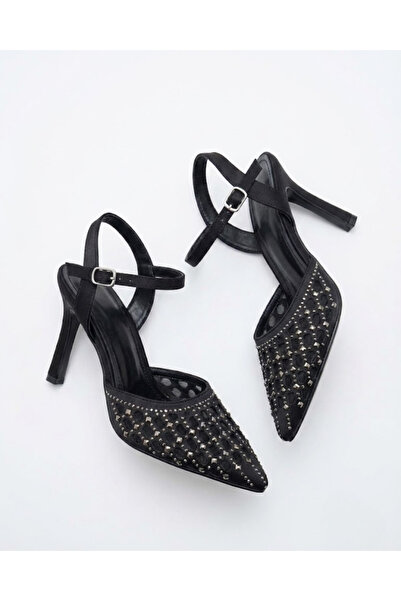Enes Ayakkabıcılık Women's Stoned Mesh Pointed Toe 8 cm Heeled Shoes