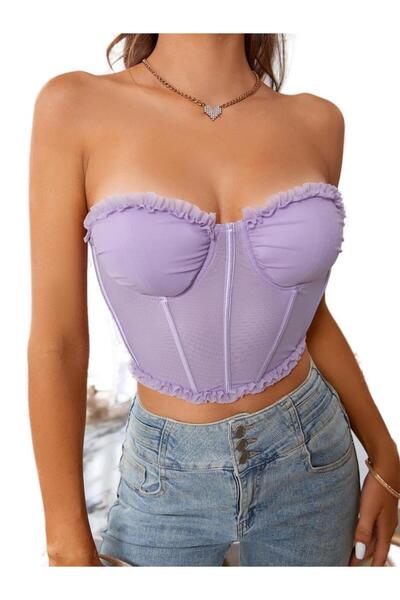 NO BRAND Top corset din plasă mulată cu volane, cu fermoar, mov, Parthea S