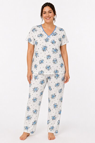 CottonVia Mother's Pajama Set, Ribbed V-Neck, Short Sleeves, 100% Combed Cott...