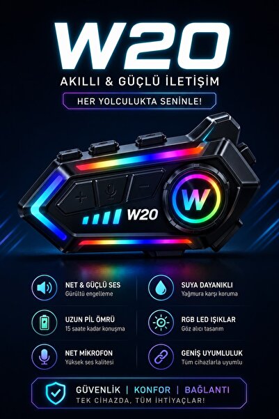 wunitech W20 İntercom 5.3 Bluetooth Rgb Motorcu Kask Kulaklığı Bluetooth kula...