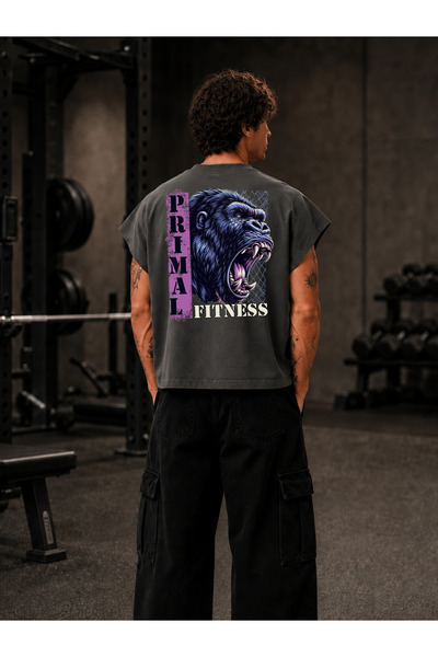EVIus تي شيرت GYM Sportsman Primal Fitness مطبوع بمقاس كبير وياقة دائرية بدون...