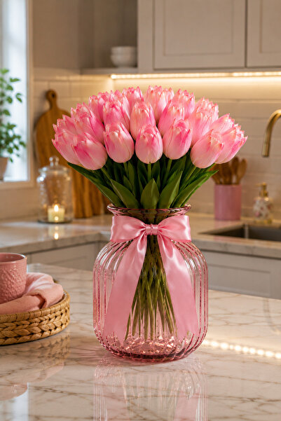 OznCicekTasarim Realistic Wet Textured Pink Artificial Tulip Bouquet – 10-Pie...